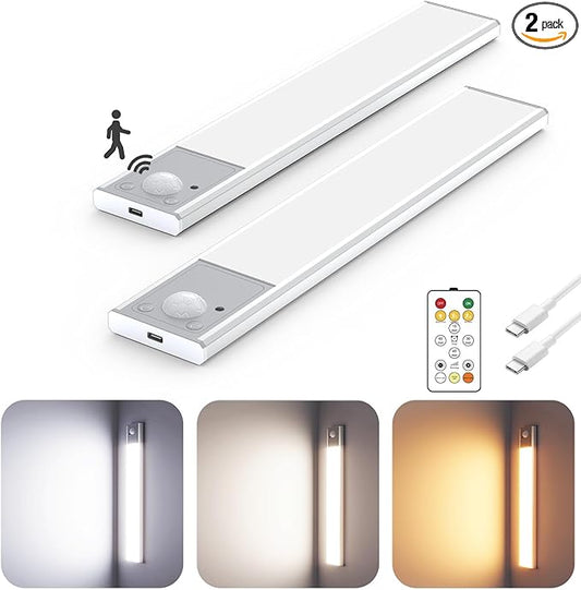 8" Ultra-Thin Under Cabinet Lighting Wireless, Aluminum Alloy Under Counter Lights for Kitchen, 3-Color-Temps Magnetic Closet Lights, Rechargeable Motion Sensor Light Indoor (2 Pack, Silver)