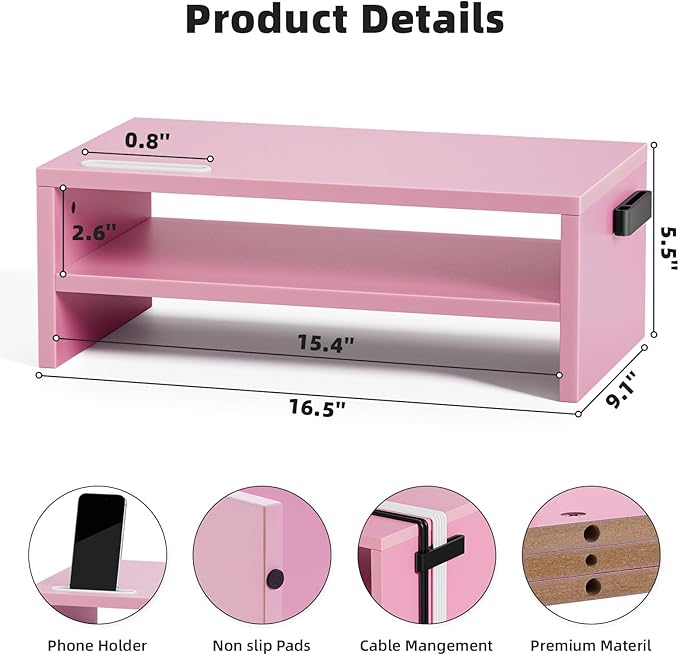 Marbrasse Monitor Stand Riser, 16.5 Inch 2 Tier Computer Printer Shelf Stand for Laptop Computer Screen Storage, Desktop Stand with Phone Holder and Cable Management (Pink)