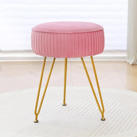 Velvet Vanity Stool Chair, Round Makeup Vanity Chair with Adjustable Metal Legs & Soft Padded Seat, Ottoman Foot Stool for Bedroom, Living Room, Entryway, Pink