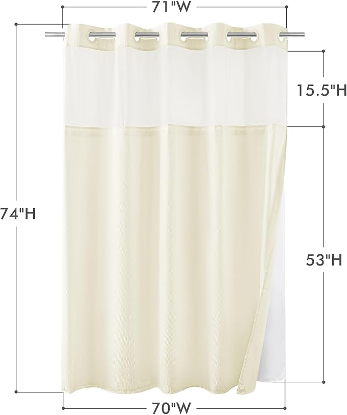 Mrs Awesome No Hook Shower Curtain with Snap-in Liner Less Time On/Off, Embossed Waffle-Look Textured Fabric Shower Curtain for Bathroom, Soft & Lightweight, 71x74, Cream