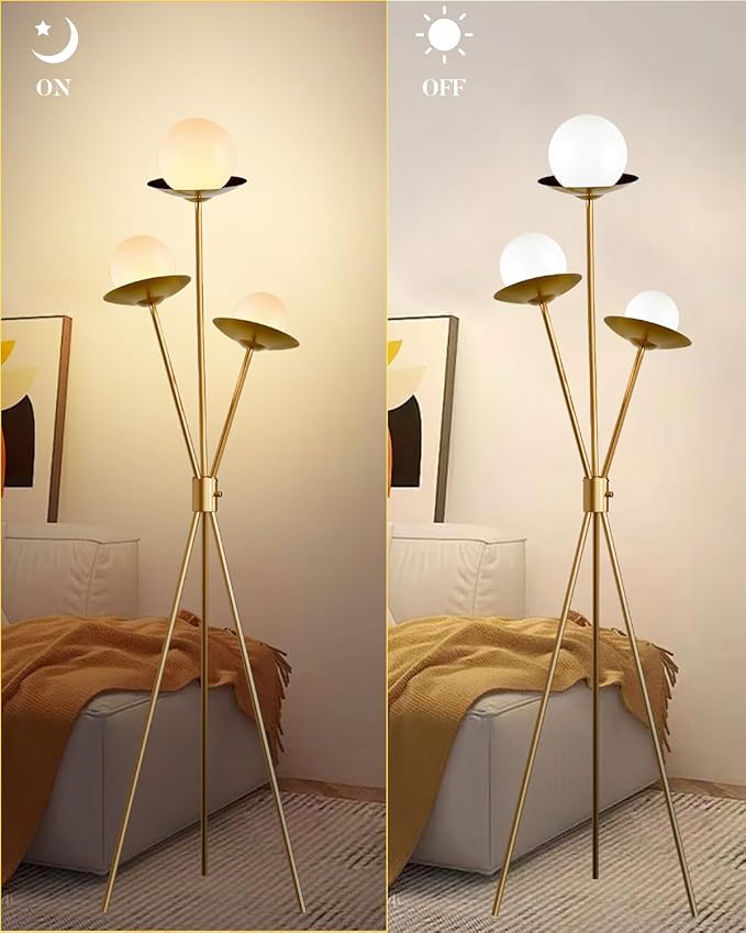 Lightdot Tripod Floor Lamp Dimmable Globe Floor Lamps with 3 LED Bulbs, 3000K Soft Warmwhite Mid Century Modern Standing Lamps Gold Tall Lamp for Living Room Bedroom