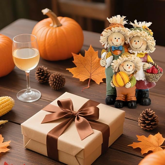 Hodao Fall Scarecrow Family Figurine with Pumpkin, Corn and Apple Basket, Hand-Painted Resin, Autumn Harvest and Thanksgiving Home Decor and Gift for Tiered Tray, Mantel, Tabletop, Windowsill