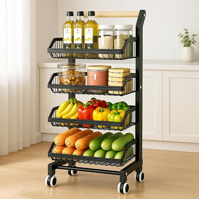 4-Tier Kitchen Utility Cart with Wheels - Versatile Mobile Storage Organizer with Adjustable Baskets for Kitchen, Pantry, Fruits, Vegetables, Snacks