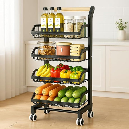 4-Tier Kitchen Utility Cart with Wheels - Versatile Mobile Storage Organizer with Adjustable Baskets for Kitchen, Pantry, Fruits, Vegetables, Snacks