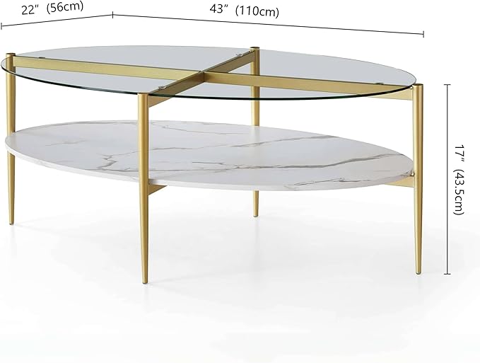 Oval Glass Coffee Table, Mid-Century Modern Design, L43 x W22 x H17 inch, Surfboard Shaped Clear Glass Top and White Marble Finish Wood Shelf, Tapered Legs with Gold Finish Frame