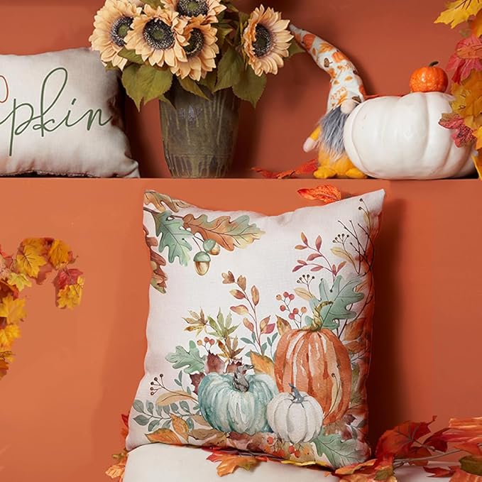 DFXSZ Fall Pillow Covers 20x20 inch Set of 2 Orange and Green Watercolor Pumpkin Fallen Leaves Decorative Throw Pillow Covers Autumn Thanksgiving Farmhouse Decoration for Home Couch TH27-D20