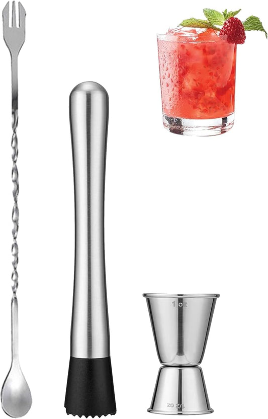 Professional Bar Tools Set, 10-inch Stainless Steel Muddler, Mixing Spoon, Measuring Jigger for Cocktails for Home Bartenders, Mojitos, Margaritas and Fruit-Based Drinks