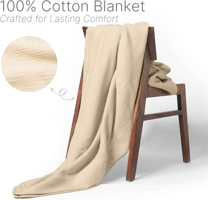 Luxury Cotton Blanket King Size – Soft & Breathable Herringbone Weave – Lightweight All-Season Bed Blanket for Warmth & Comfort – Cozy, Durable