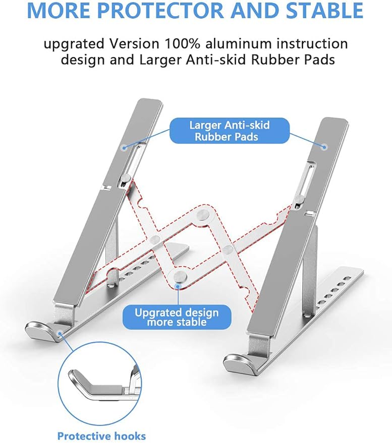 Laptop Stand, Adjustable Aluminum Foldable Portable Holder, Upgrade Whole Anti-Slip Silicone Pad, Laptop Riser for Desk Compatible with MacBook Air Pro/iPad, Lenovo and More 10-15.6” Tablets