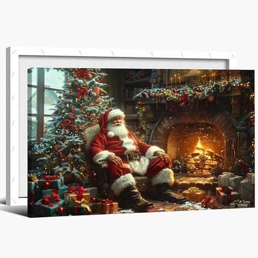 Vintage christmas wall art christmas tree gift canvas poster winter room holiday decor santa claus cozy fireplace decoration for living room bedroom Framed30x20inch