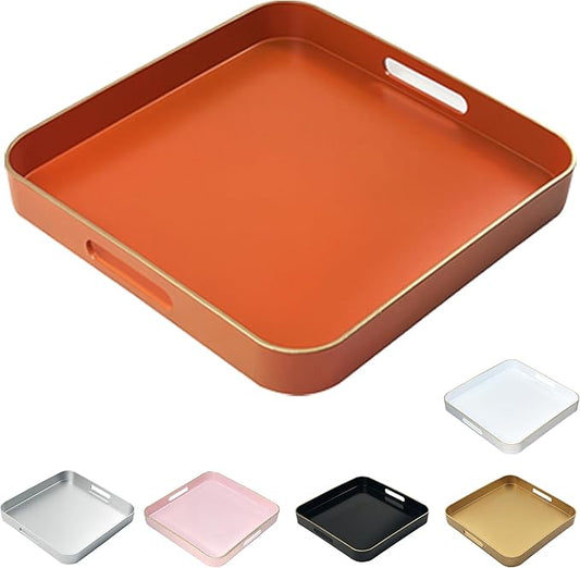 Serving Tray with Gold Trimming, Square Decorative Serving Trays with Handles, Coffee Table Tray Plastic Tray for Ottoman Living Room, Bathroom,Home Decor 13" L x 13" W x 1.57" H(Orange)