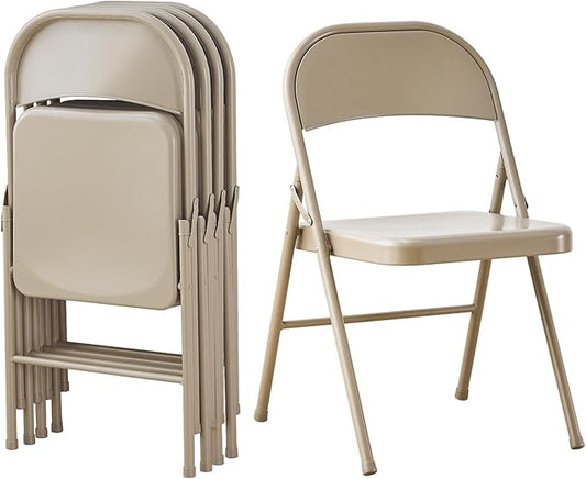 KAIHAOWIN Metal Folding Chair- Set of 4 All Steel Foldable Chairs Space Saving &Heavy Duty for Meeting Office Wedding Party Events-Beige