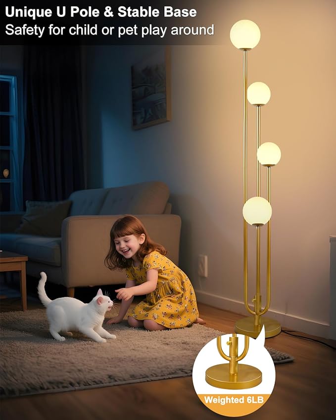 Lightdot Gold Globe Floor Lamp 4-Lights Dimmable Floor Lamps 3000K Bulbs Included Unique Modern Standing Tall Lamp for Living Room/Bedroom
