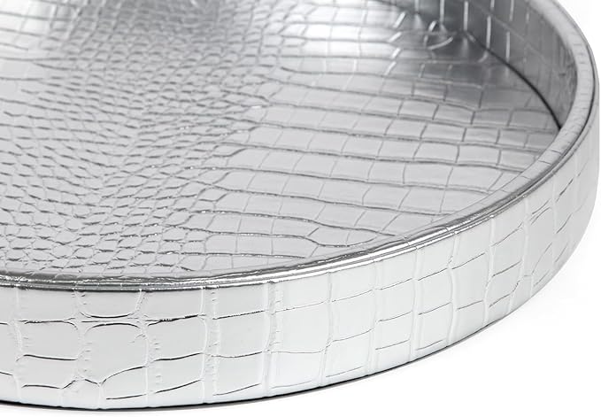 HofferRuffer Faux Leather Round Serving Tray, Vegan Croco Leather Decorative Tray, Food Tray for Storage Drinks, Snack & Cosmetics, Dia.12'' x 1.6'' (Silver)