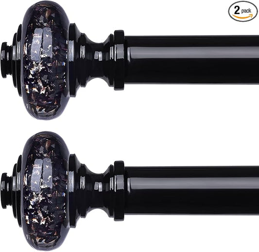 2 Pack Black Crystal Curtain Rods for Windows 30 to 56 Inch, Decorative Vintage 1'' Diameter Curtain Rod with Black Foil Finial, Adjustable Heavy Duty Easy Install Drapery Pole Set for Farmhouse
