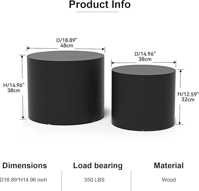 Nesting Coffee Table Set of 2, Wood Round Coffee Table, Modern Coffee Table for Small Space Living Room, Black