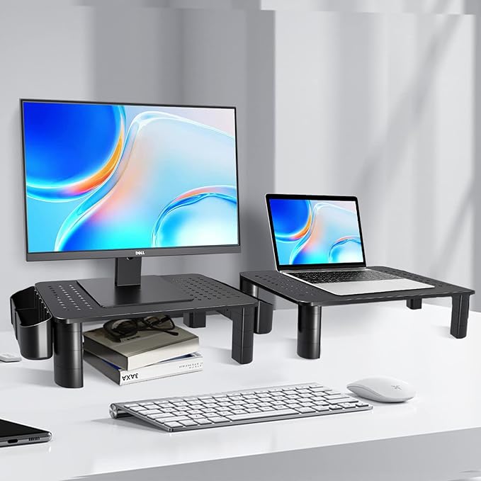 Pholiten 2 Pack Monitor Stand Riser, 3 Height Adjustable Monitor Stand， Flat Screen TV Monitor Stand Riser, Sturdy Metal Laptop Computer Monitor Stand Shelf for Printer, iMac,Premium Metal Monitor Risers for 2 Monitors