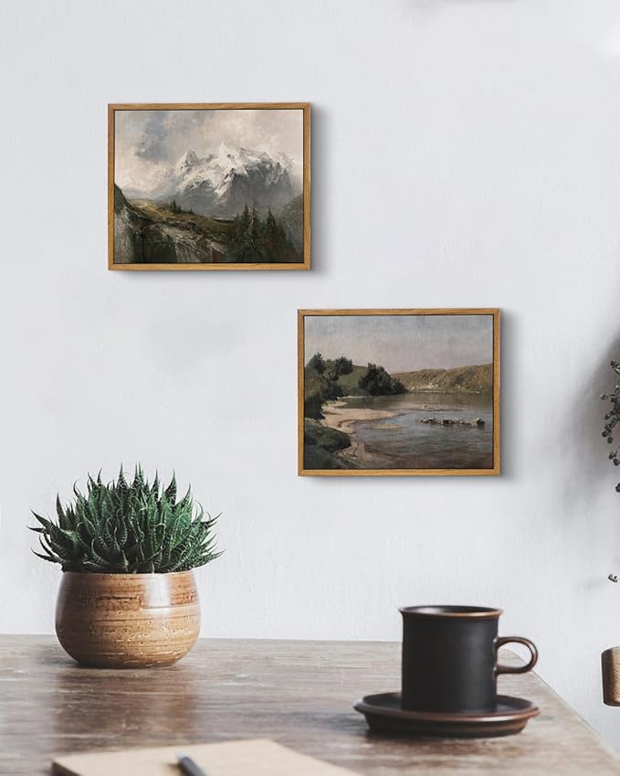 VIYYIEA Framed Canvas Wall Art Room Decor, Winter Decor, Mountain Landscape Painting Prints, Rustic Farmhouse Decorations for Bedroom Bathroom Living Room 9"x11"