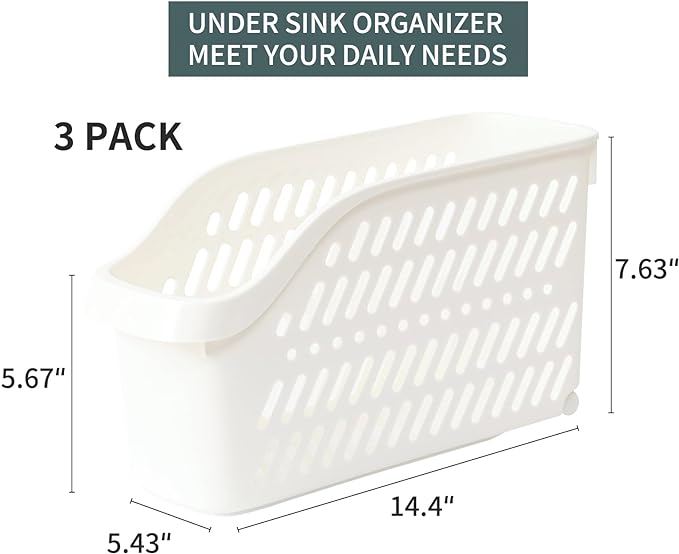 3 Pack Under Sink Organizer with Wheels Pull Out Kitchen Bathroom Cabinet Organizers and Storage Multi-purpose Plastic Organizer Baskets for Cleaning Supplies, Bottles