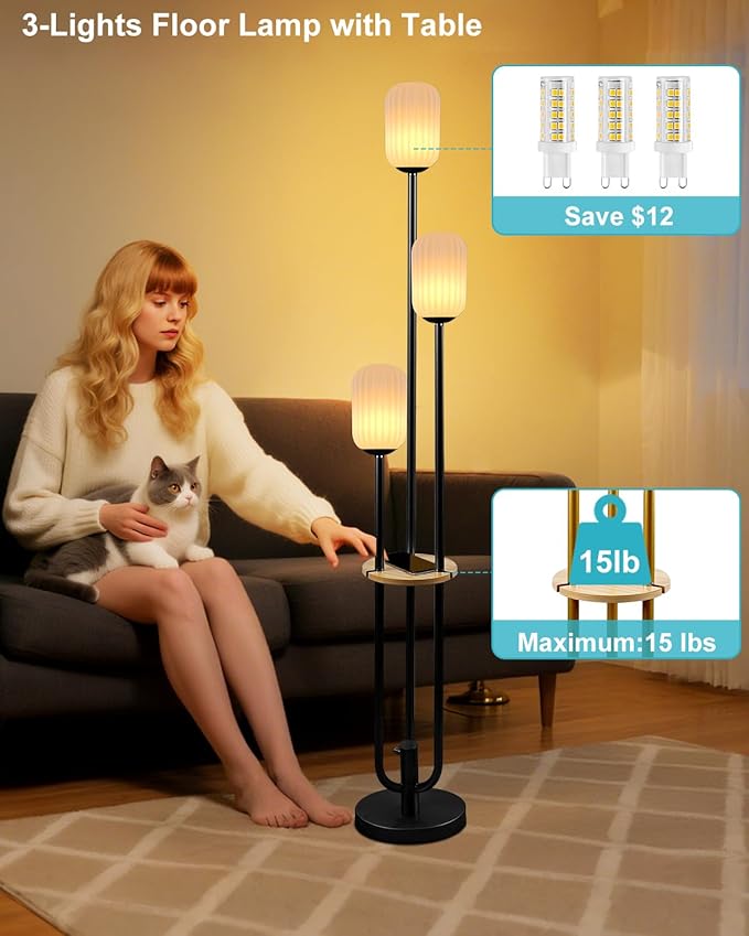 Lightdot Black Dimmable Floor Lamp with Shelf, Modern Floor Lamps with Oval Striped Lampshade 3000K Soft Warm White 3-Lights Candle Holder Style Tall Lamp for Living Room/Bedroom