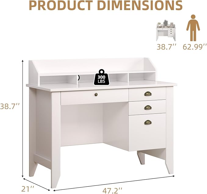 4 EVER WINNER White Desk with Drawers, Small Desk with File Drawer for Small Spaces, Computer Desk with Monitor Stand Wood Table for Home Office, White