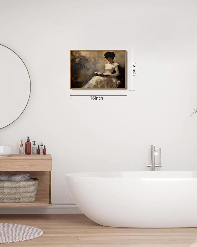 KISSFOX Vintage Portrait Framed Wall Art African American Canvas Wall Art Neutral Rustic Woman Reading Paintings Artwork Serene Countryside Art Prints For Bedroom Living Room