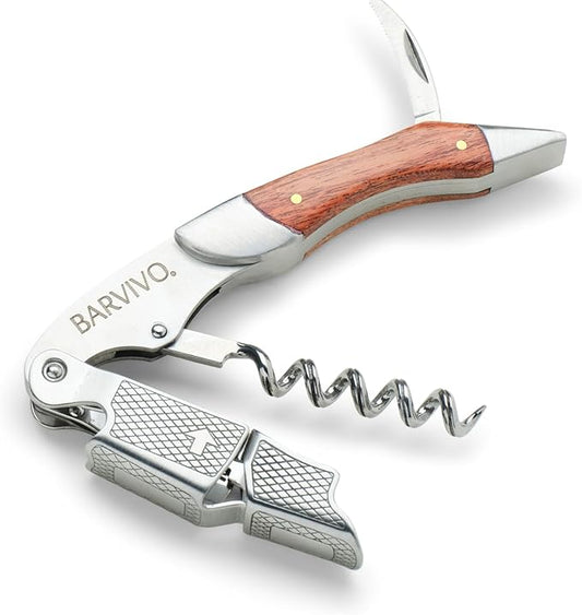 Barvivo Wine Opener with Foil Cutter and Cap Remover - Double Hinged Corkscrew for Bartenders - Stainless Steel Wine Key for Easy Bottle Opening - Manual Wine Bottle Opener - Pakkawood, 4.7x1.2-Inch