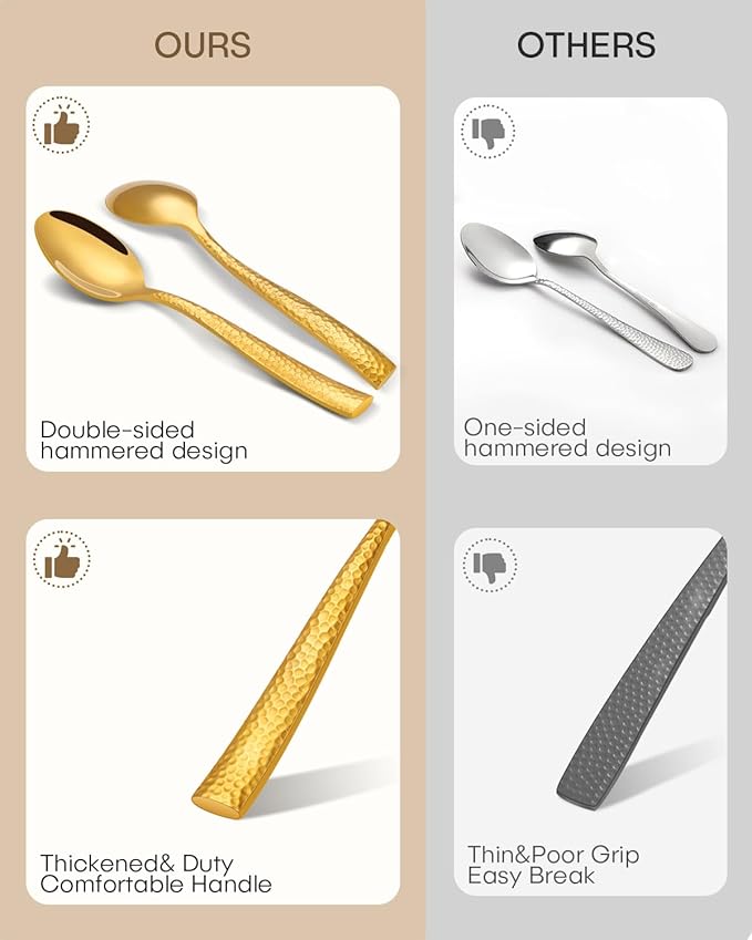 Gold Silverware Set, Ollex 20-Piece Hammered Flatware Cutlery Set for 4, Mirror Polished Stainless Steel Kitchen Utensils included Gold Knives Spoons and Forks Set, Dishwasher Safe