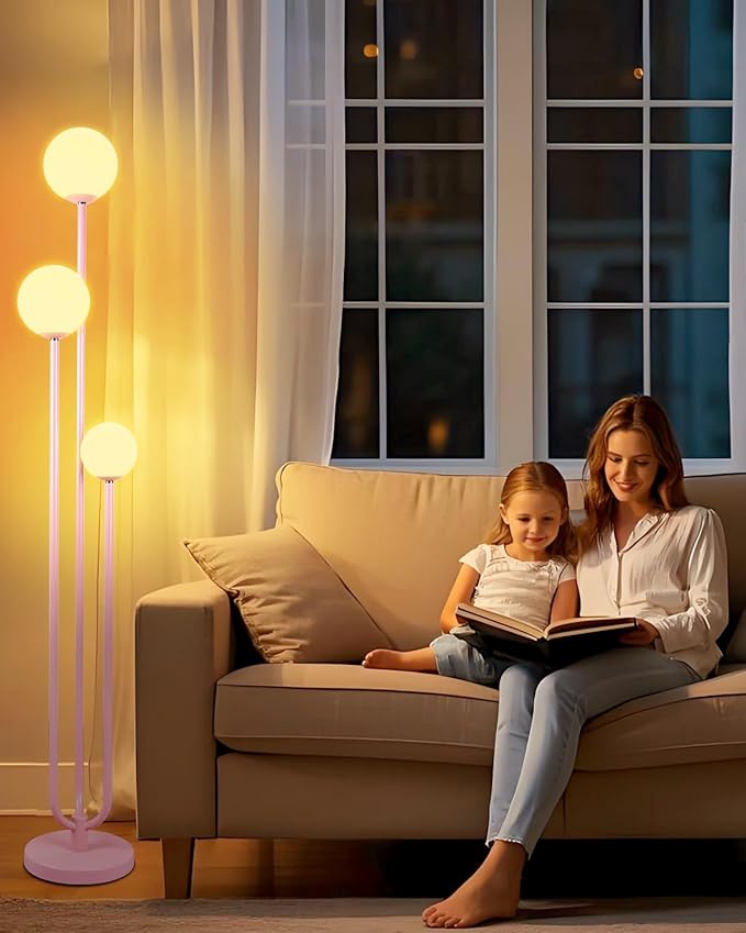 Lightdot 63IN Pink Floor Lamp Mid Century Modern Floor Lamp with 3 Globe Soft Warm White 3000K Bulbs, 3 Lights U-Style Standing Lamp for Wedding Party/Living Room/Bedroom