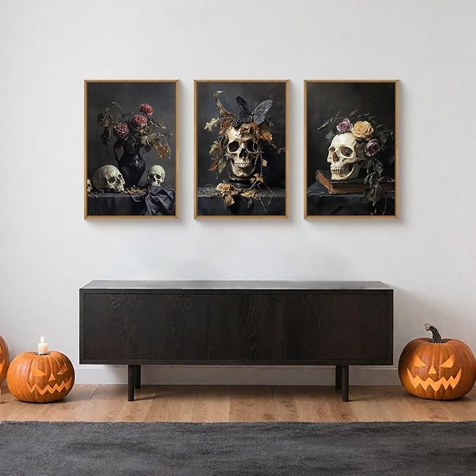 Large Vintage Skull Halloween Floral Framed Canvas Wall Art Set, Abstract Skeleton Butterfly Wall Decor,Moody Dark Rose Artwork for Living Room,Bedroom,Dining Room,Office -24"x36"x3