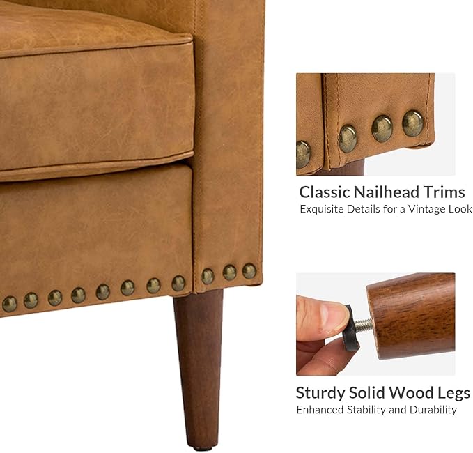 HULALA HOME Faux Leather Accent Armchairs Set of 2 with Back & Seat Cushions, Traditional Club Chairs with Nailhead Trim, Comfy Upholstered Sofa Chairs for Living Room Bedroom, Camel