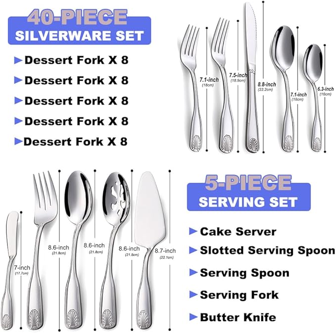 45 Pieces Silverware Set with Serving Utensils, Stainless Steel Flatware Serving Set for 8, Dinnerware Cutlery Set, Shell Pattern & Mirror Polished, Dishwasher Safe