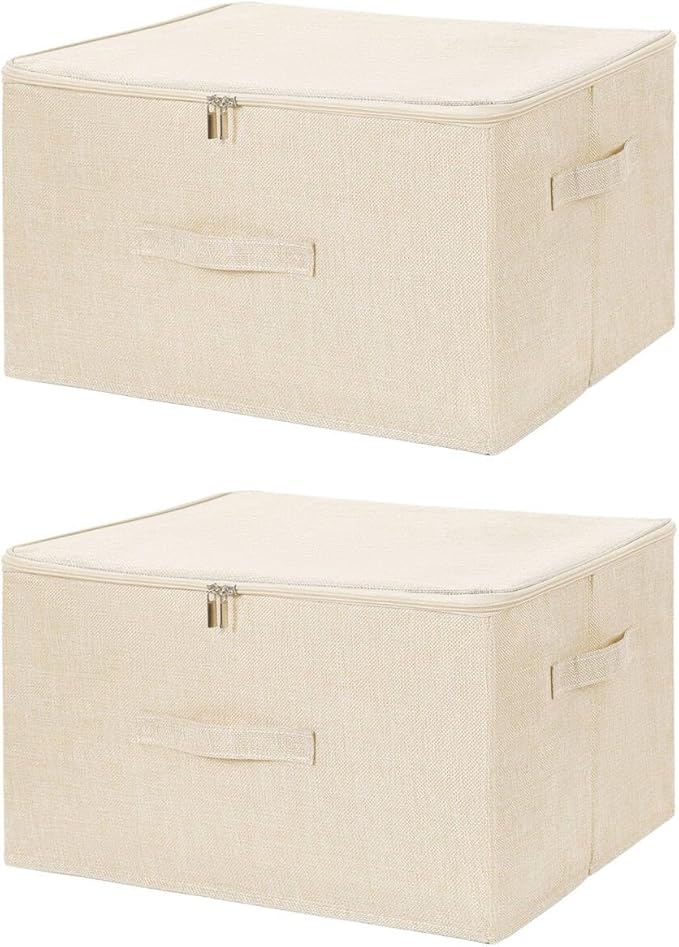 ANMINY 2PCS Storage Bins with Zipper Lids 36 Qt Lidded Fabric Storage Boxes Baskets Cubes with Handles Collapsible Washable Cotton Linen Closet Shelf Clothes Organizer Containers - Beige, Large