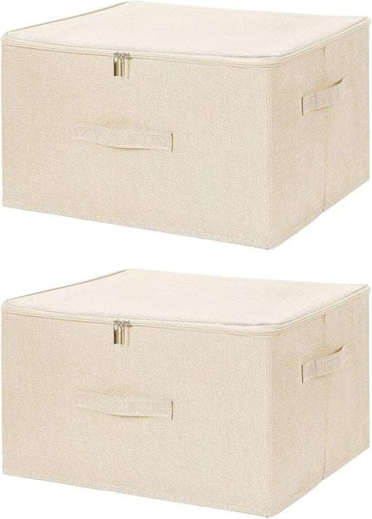 ANMINY 2PCS Storage Bins with Zipper Lids 36 Qt Lidded Fabric Storage Boxes Baskets Cubes with Handles Collapsible Washable Cotton Linen Closet Shelf Clothes Organizer Containers - Beige, Large