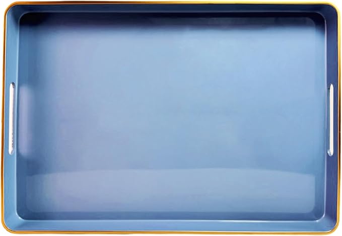 Large Blue Coffee Table Tray, Decorative Serving Tray with Handles, Plastic Rectangular Tray for Ottoman, Bathroom, Living Room.16.7"*12"*1.6"