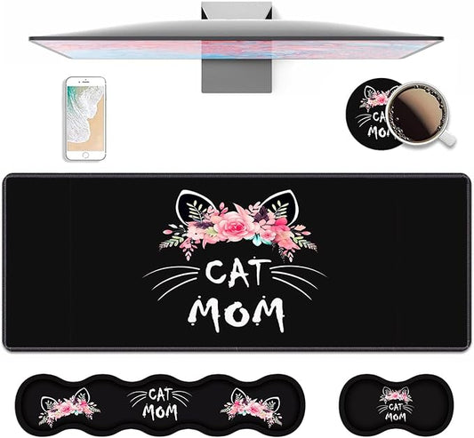 4 in 1 Ergonomic Keyboard Wrist Rest & Mouse Pad Wrist Rest Set, Large XXL Gaming Desk Mat 31.5"x 11.8" with Non-Slip Base, Memory Foam for Home Office Study Gaming, Cat Mom Floral