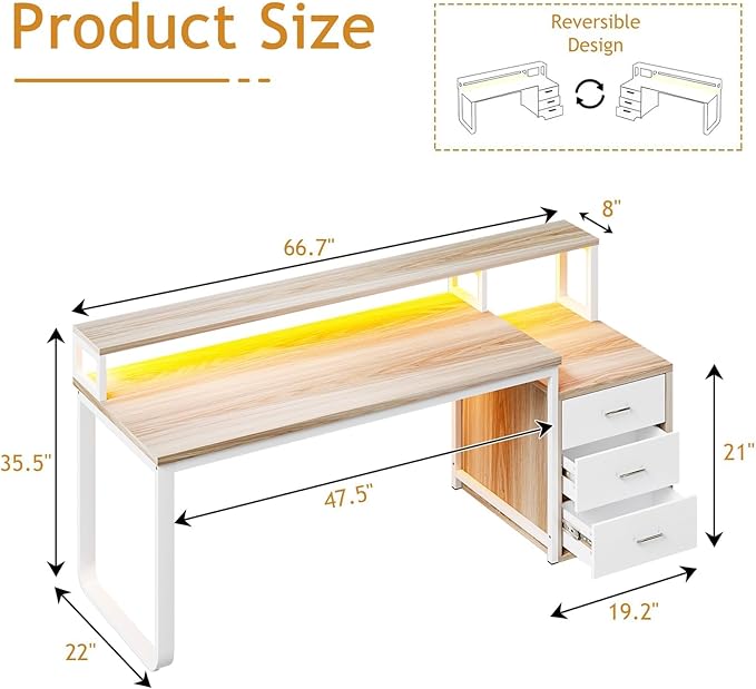 HOMBCK 67" Computer Desk with 3 Drawers, Home Office Desk with Long Monitor Stand and Printer Space, Office Desk with Storage & LED Lights, Writing Desk with Drawers, Walnut and White