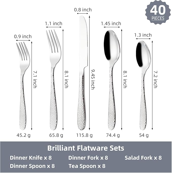 Hammered Silverware Set, CITESANA 40-Piece Heavy Duty Mirror Polished Stainless Steel Flatware Set Cutlery Set Flatware Service for 8