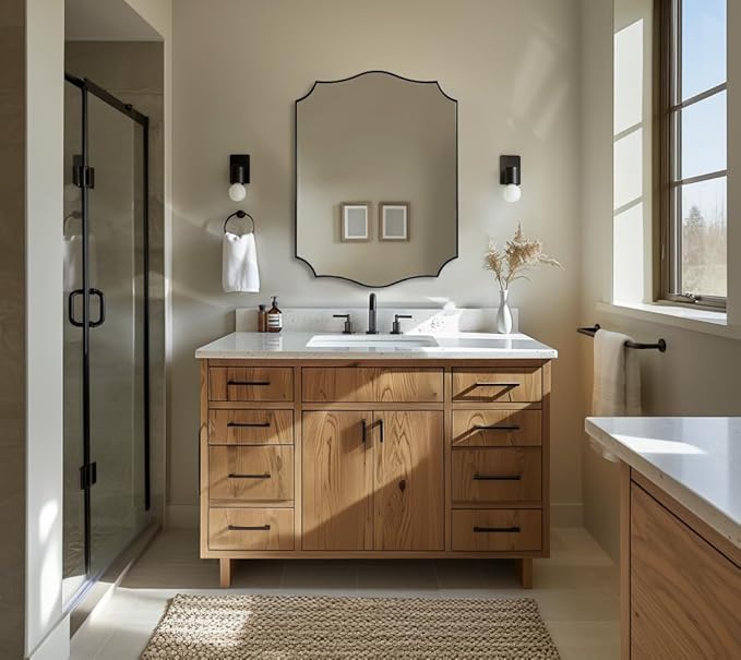 ANDY STAR Matte Black Bathroom Mirror, 24x32 Inch Scalloped Mirror for Bathroom, Black Irregular Mirror in Premium Stainless Steel 1“ Frame, Unique Wavy Shape, Italian Style