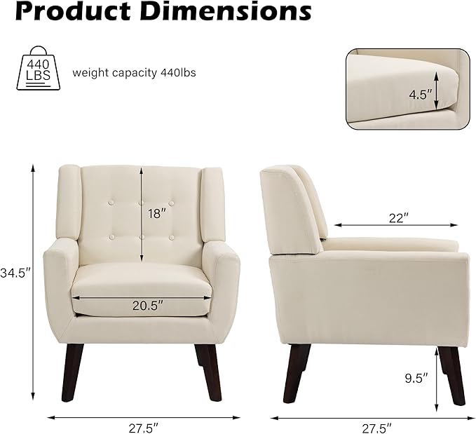 UIXE Accent Chairs Set of 2, Modern Upholstered Arm Chair Mid-Century Club Armchair Comfy Single Lounge Sofa, Button Tufted Living Room Reading Seat Bedroom Side Sitting, White