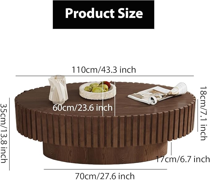 Oval Fluted Coffee Table Mid Century Modern Coffee Tables with Handcrafted Relief Ellipse Drum End Table Rustic Industrial Center Tables for Apartment Living Room (Brown Oval)