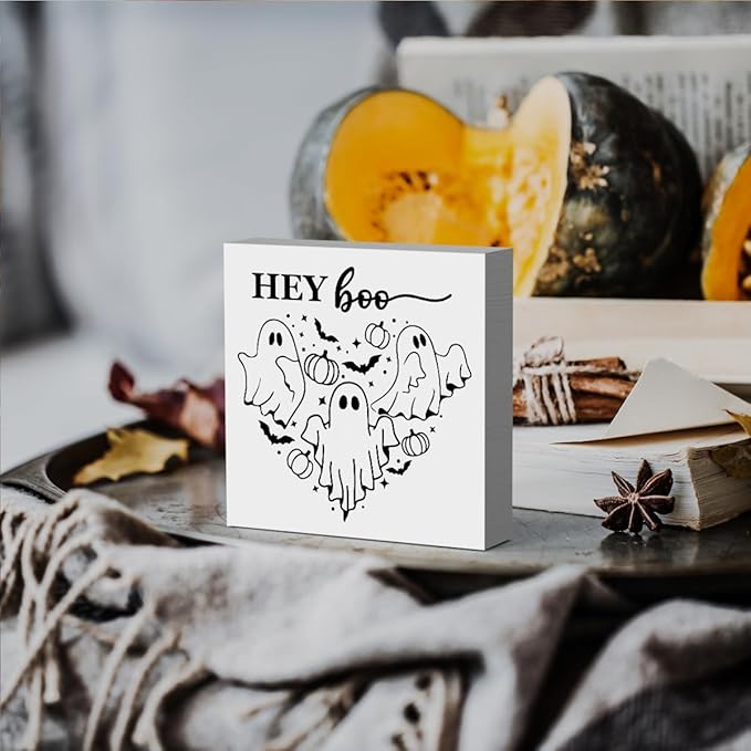 HTBIG Funny Halloween Pooky Ghost Decor Office Wood Box Sign Home Rustic Farmhouse Square Desk Decor Sign for Shelf Room Desk 5 x 5 Inch