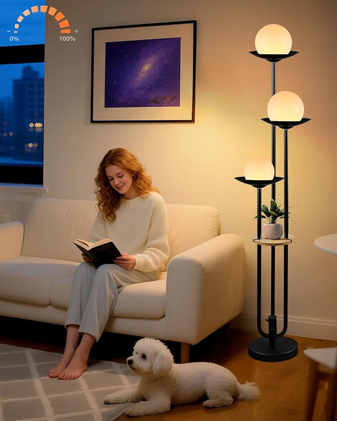 Lightdot 63IN Globe Floor Lamp with Shelf 3-Lights Modern Dimmable Floor Lamps with 3000K Soft Warm White Bulbs for Wedding/Party, Black Tall Standing Lamp for Living Room/Bedroom