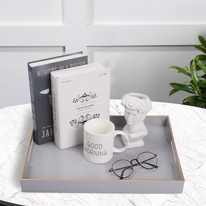 MAONAME Gray Serving Tray with Handles, Rectangular Decorative Tray, Modern Coffee Table Trays, Plastic Ottoman Trays for Bathroom, Decor, 15.7” x 11.8” x 1.57"