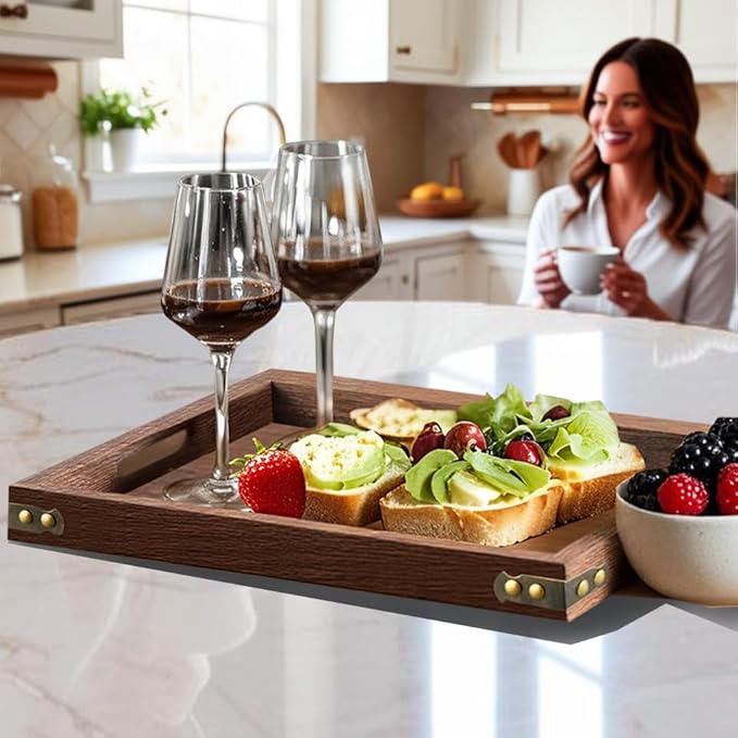 18.1 Inch Rustic Wood Serving Tray with Handles, Breakfast Tray Wooden Trays Decorative Serving Platter for Eating, Working, Storing, Used in Bedroom, Kitchen, Living Room, Bathroom and Outdoors