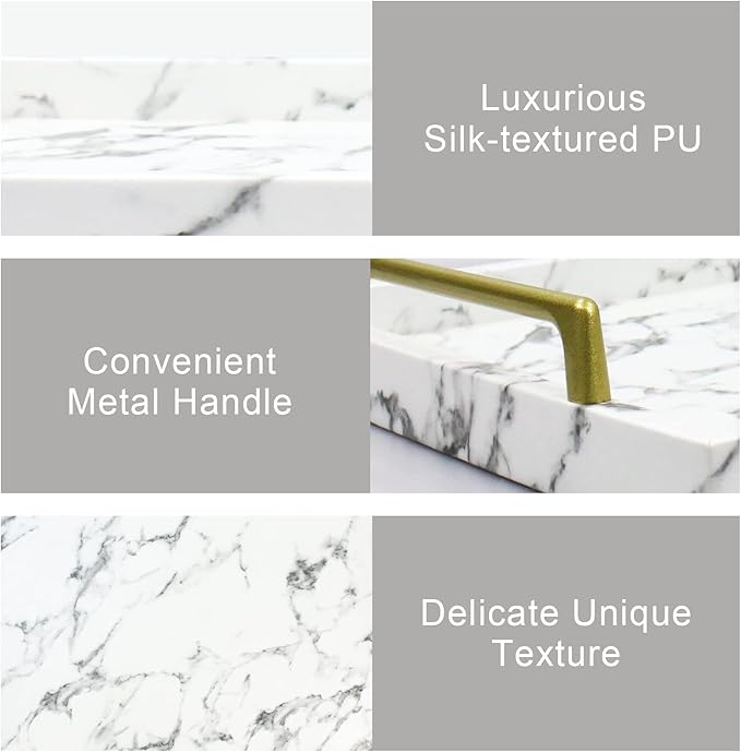 MCBZ Home Living Decor Tray, Coffee Table Tray,Ottoman Tray,Marbled Leather Tray, Serving Trays with Handles 16.5 * 12.6 Inch (White)