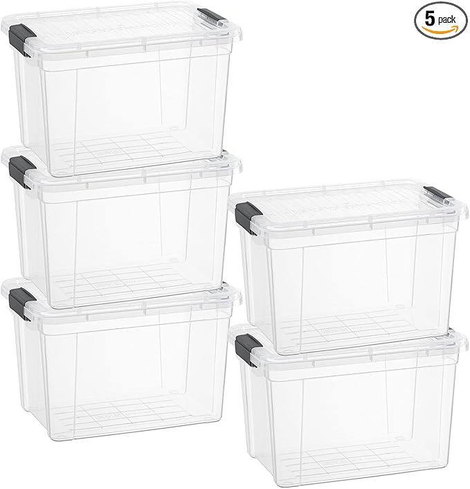 Superio Clear Storage Boxes with Lids, 4.75 Quart Plastic Container Bins for Organizing, Stackable Crates, BPA Free, Non Toxic, Odor Free, Organizers for Home, Office and Dorm, 5 Pack