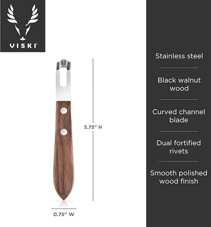 Viski Channel Knife, Citrus Zester and Orange Peeler Tool, Walnut Wood and Stainless Steel Bar Tool for Cocktail Garnishes, Perfect for Home Bars, Craft Cocktails and Bartender Gifts, Set of 1