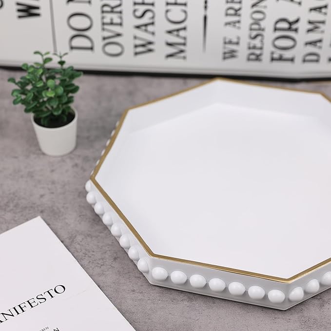 White Serving Tray for Coffee Table, Octagonal Beaded Plastic Decorative Tray for Ottoman, Kitchen Counter, Living Room, Outdoor Lacquer Tray for Entertaining