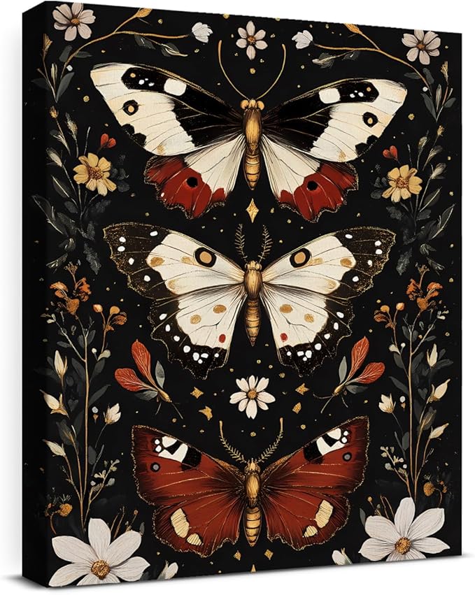 Aesthetic Moths Wall Art Decor Gothic Dark Academia Moth Canvas Print Poster Botanical Framed Painting Wall Decorations for Home Farmhouse Living Room Bedroom Decor 8x10 Inch